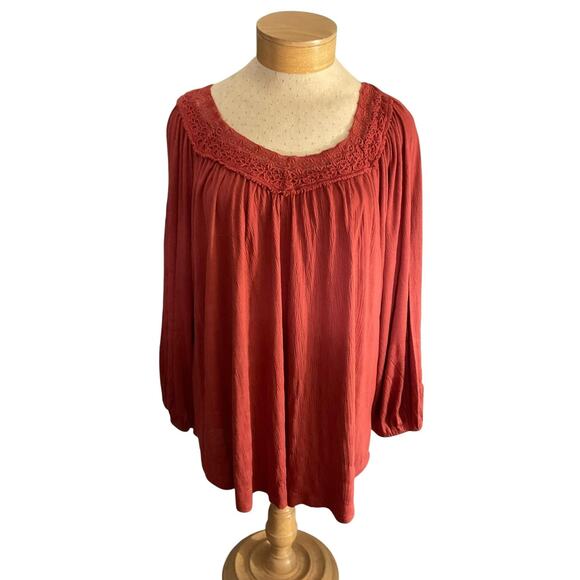 Style & Co Blouse Womens Large Red Boho Peasant Top Crochet Neckline Long Sleeve - Picture 1 of 8